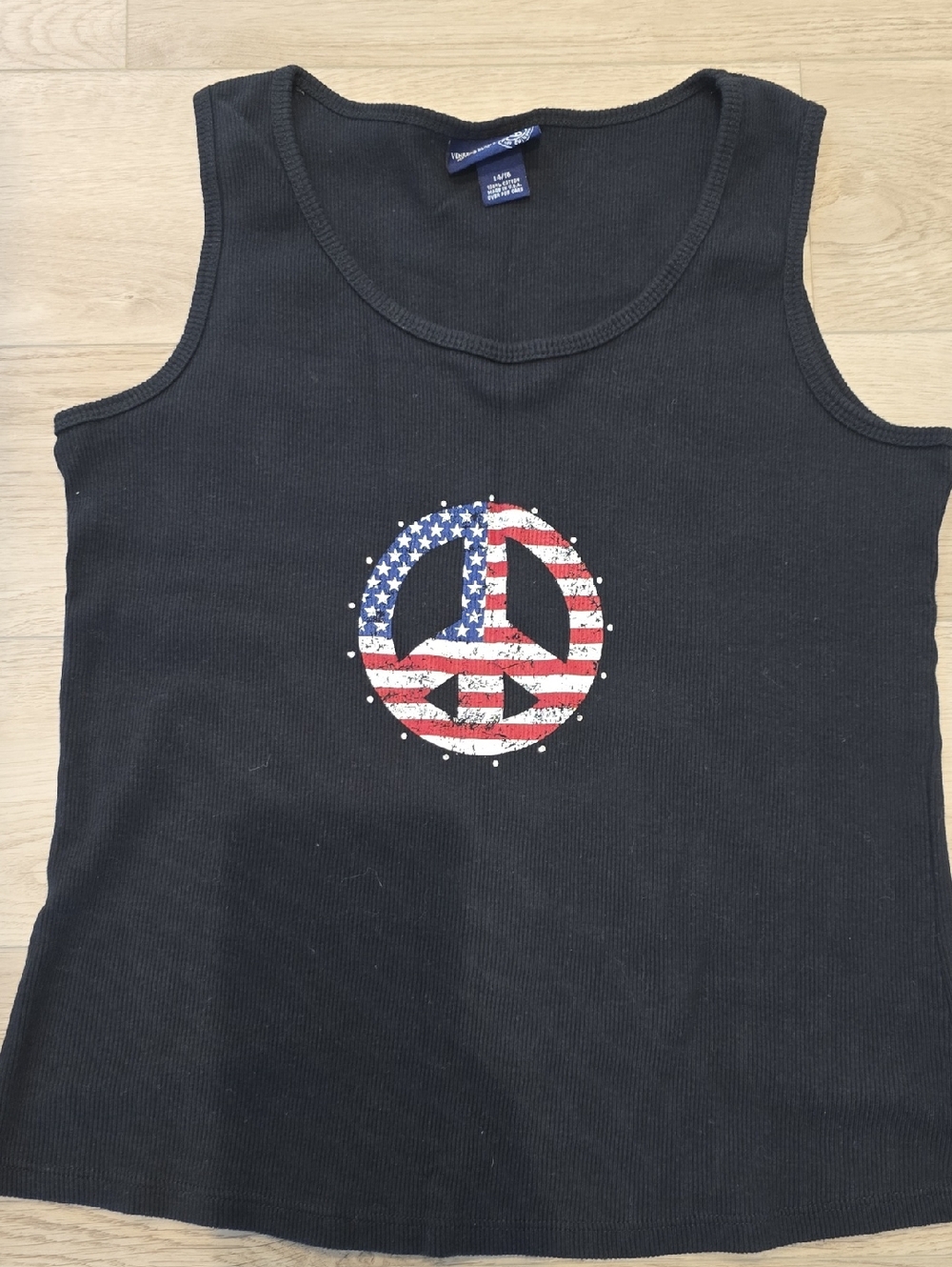 Vintage Black Tank Top with American Flag Peace Sign w/ Rhinestones 14/16